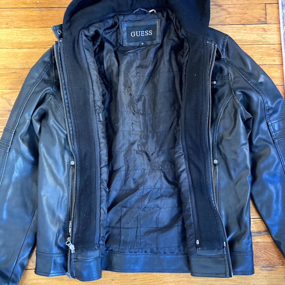 Guess Black Leather Jacket with Thermal Hood